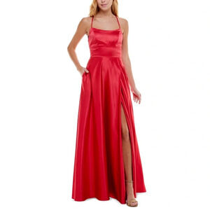 B DARLIN Red Slitted Lace-up Satin Gown Formal Dress
